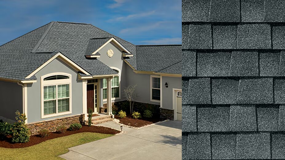 closeup of pewter grey shingle and shingle on house
